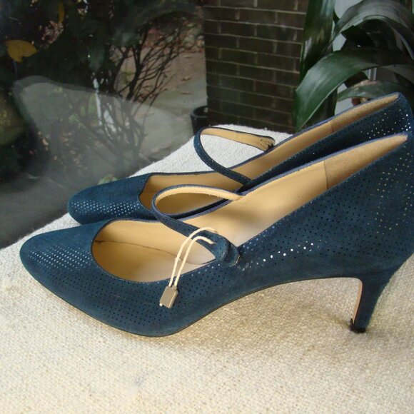 daniele ancarani teal genuine suede leather Mary Jane medium heel pumps, S 8.5 - Picture 3 of 8